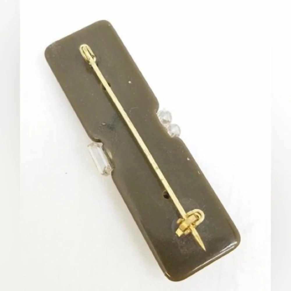 Bakelite Vintage 1940s-1950s Licorice Black with Rhinestones Brooch Pin TESTED - Picture 2 of 2